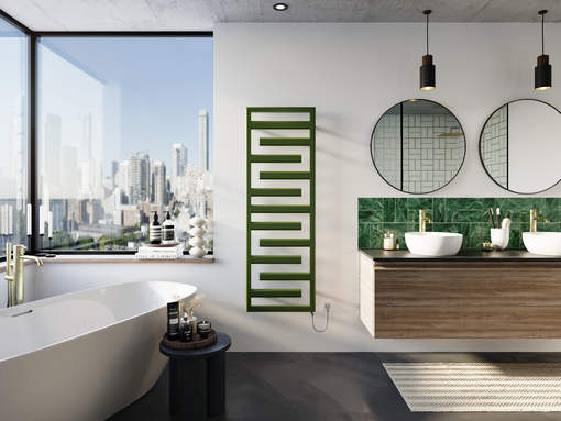 Zehnder_RAD_Tetris-EL_IHE_150-50_Olivegreen_bathroom_City Rendering Immersion Heater Easy (IHE) Decorative radiator Front view